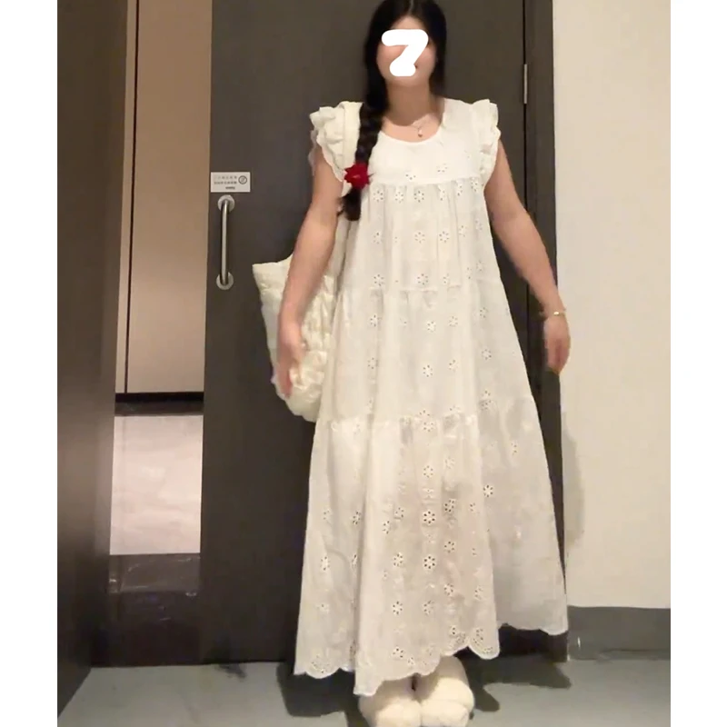 大码小飞袖白色连衣裙女2025年夏季新款甜美初恋系宽松过膝长裙子