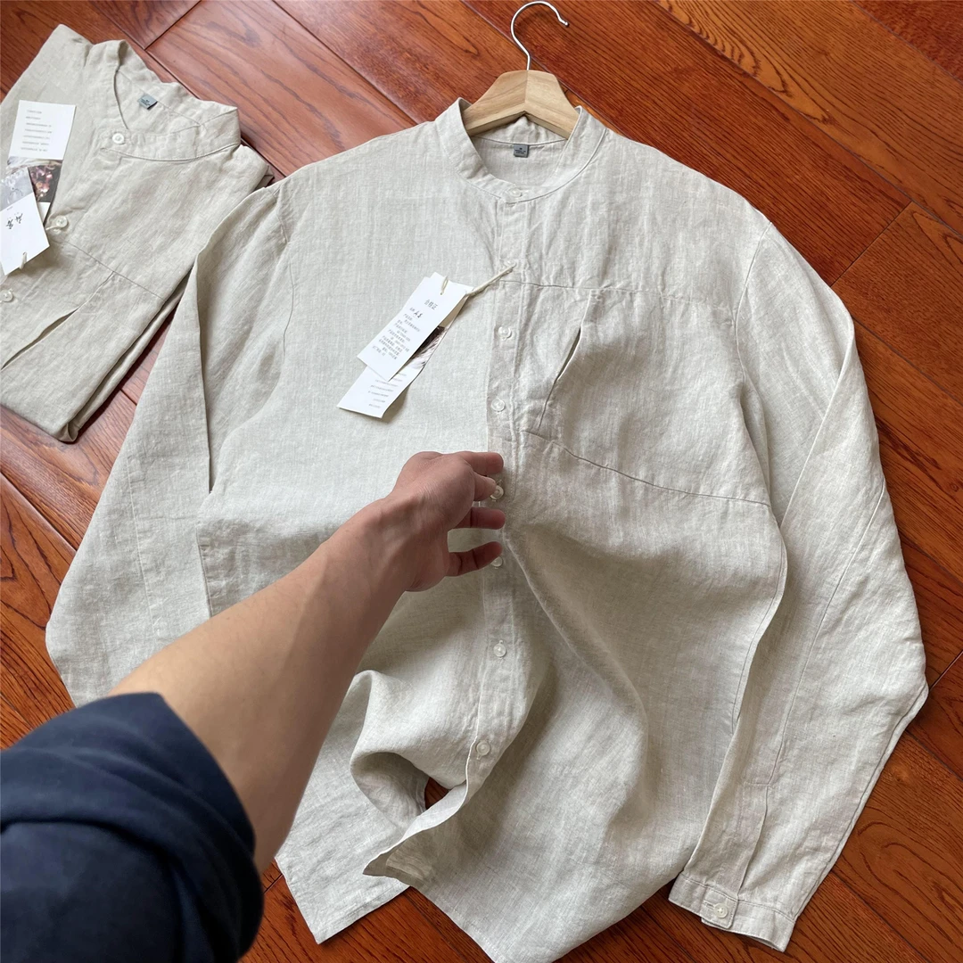 100%纯亚麻 中长款 慵懒休闲立领男女宽松春夏薄款长袖衬衫外套