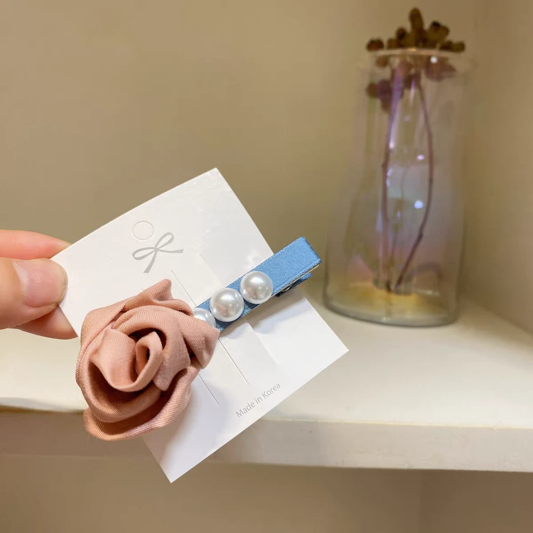 韩国东大门进口甜美减龄粉色玫瑰花朵珍珠发夹ins优雅鸭嘴夹发卡