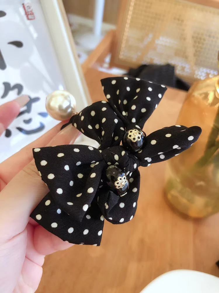 韩国进口波点鲨鱼夹女粉色发圈珍珠小清新气质款抓夹蓝色布艺森系