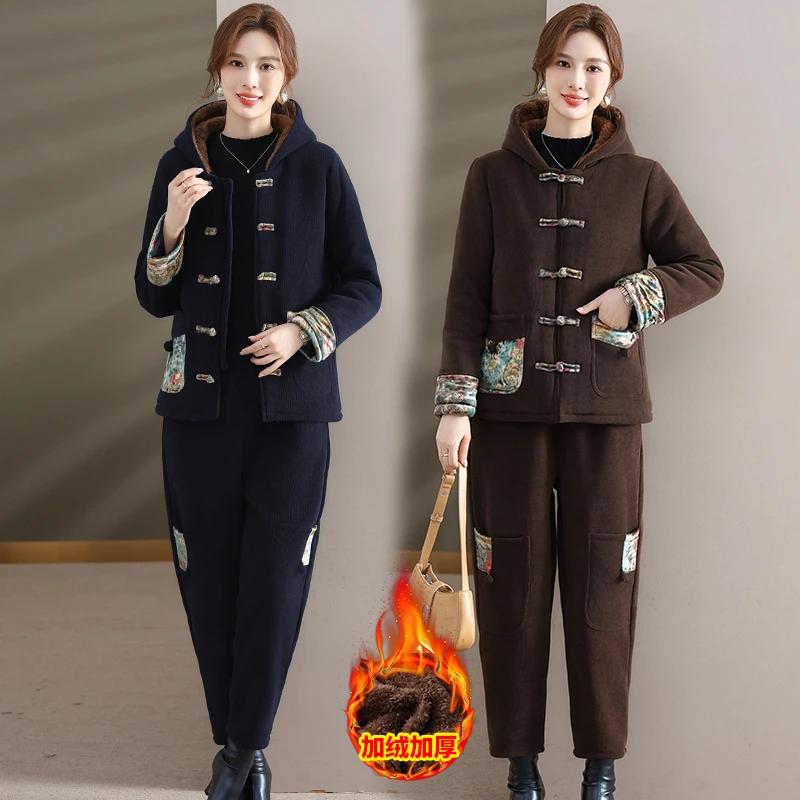中老年妈妈新中式棉衣外套洋气棉服套装秋冬装加绒加厚棉裤两件套