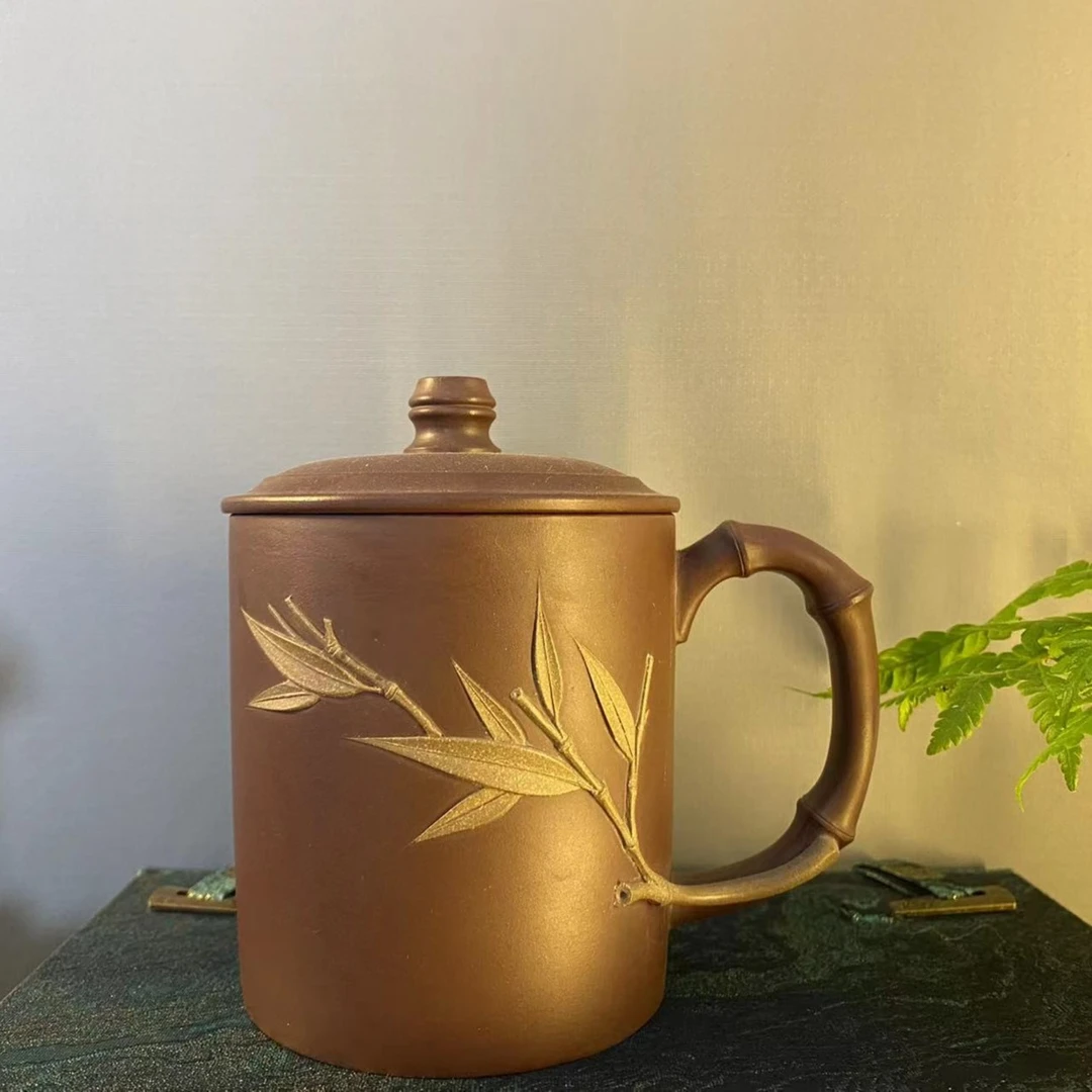 宜兴原矿盖杯墨绿泥竹叶贴绘高端茶器