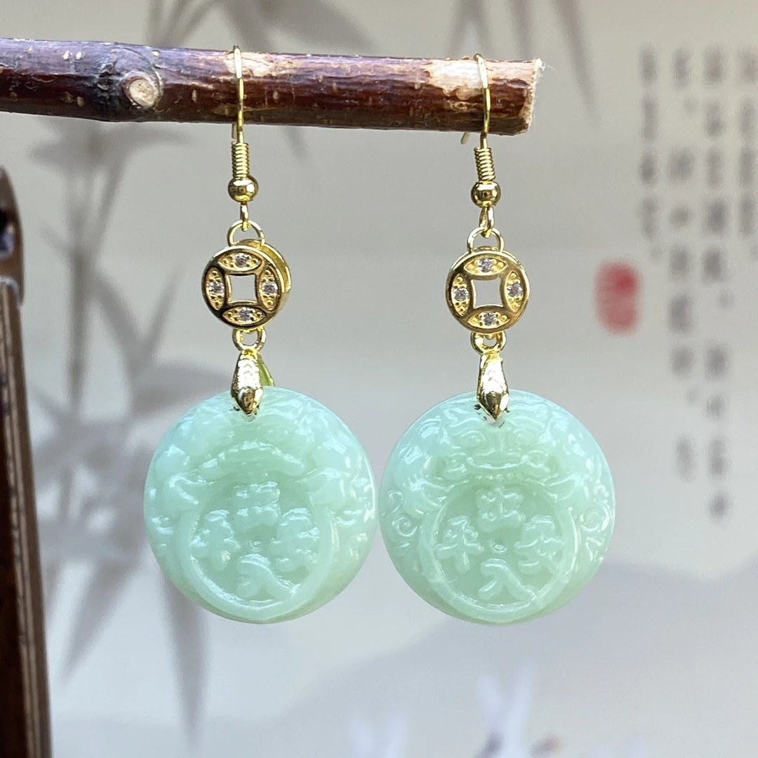 合金耳饰 果绿色圆形耳坠 E16 雕刻出入平安耳环