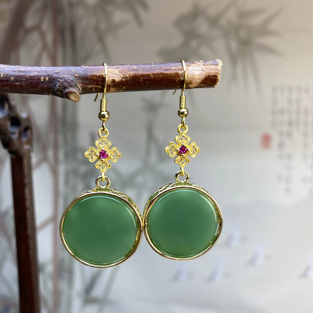 合金耳饰 绿色圆形无事牌耳坠 B6女款时尚耳环背面福字