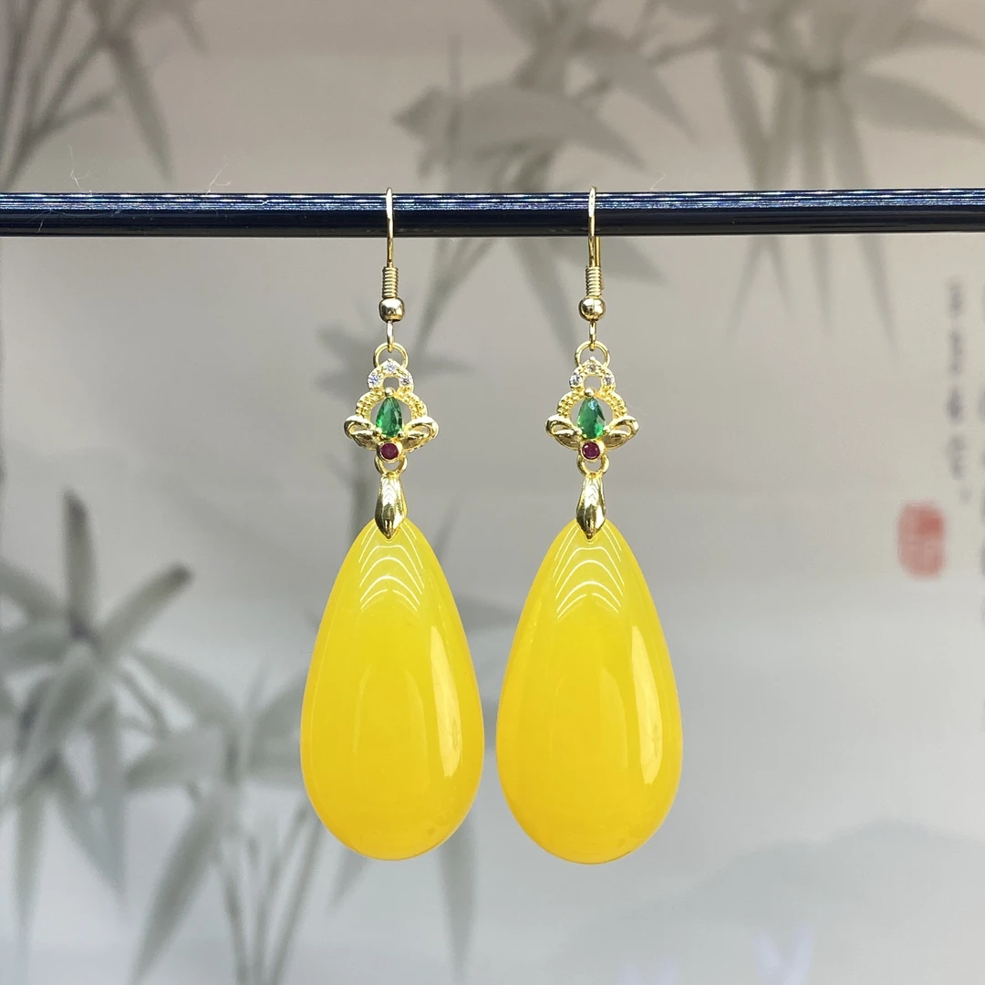 合金耳饰 黄色水滴耳坠 P12 中长款女士耳环耳钩 精致原创时尚