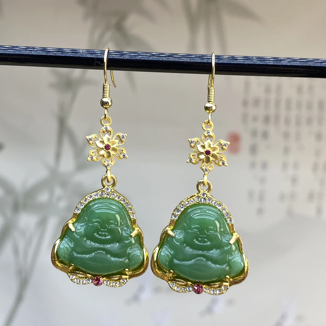 合金耳饰 绿色小佛公耳坠 Z100精致雕刻笑面佛弥勒佛耳坠女士