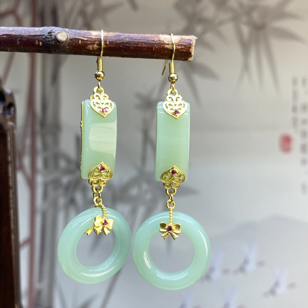 合金耳饰 果绿色甜甜圈长款耳坠 K60 修饰脸型女款耳环