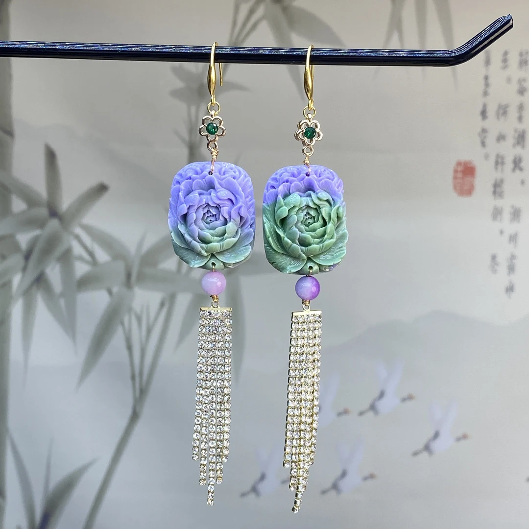 合金耳饰 大号彩色牡丹花耳坠 P38 精致大气时尚长款女耳环流苏链