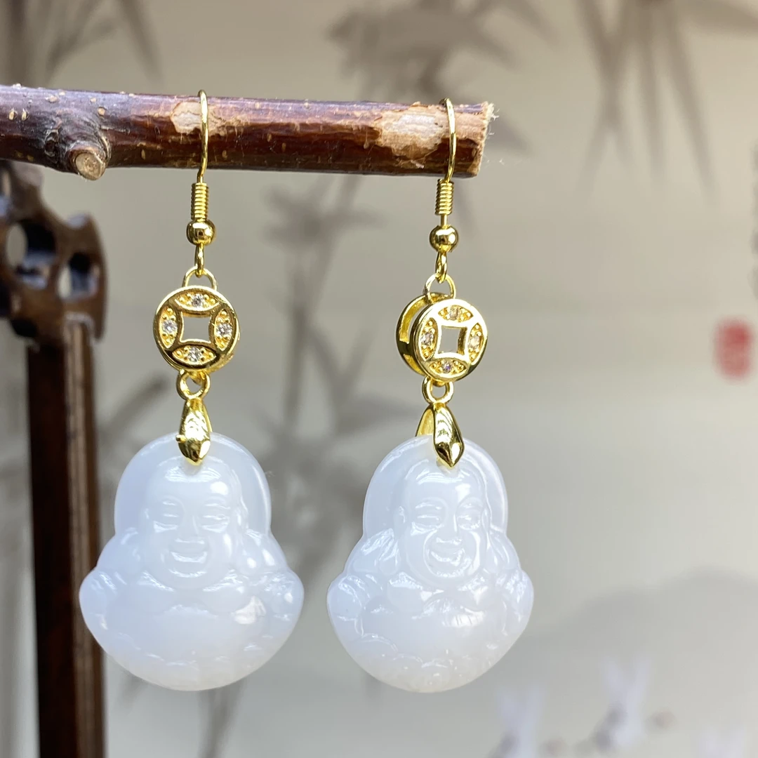 合金耳饰 白色气质弥勒佛耳坠D2时尚百搭耳钩耳环轻奢请购尊佛
