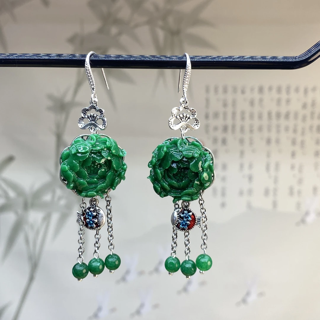 合金耳饰 绿色花花耳坠 Y16 精品新款银色配件女款耳环耳钩饰品