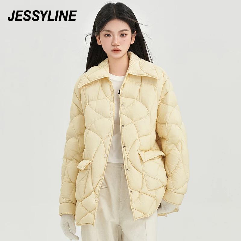 杰茜莱黄色保暖羽绒服学院感翻领外套冬新款外套 jessyline