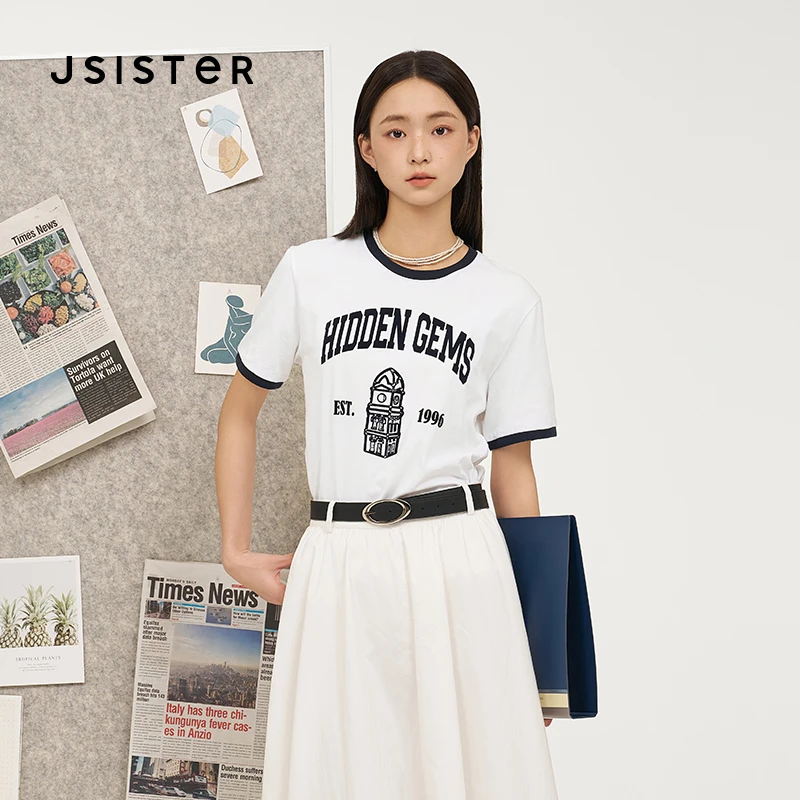 jsister 夏季新品 JS女装时尚黑白撞色字母印花短袖T恤上衣