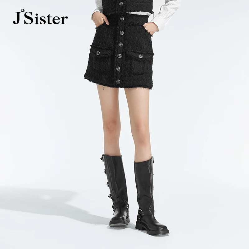 jsister 冬装新款 JS女装黑色时尚小香风流行短裙 S343112089