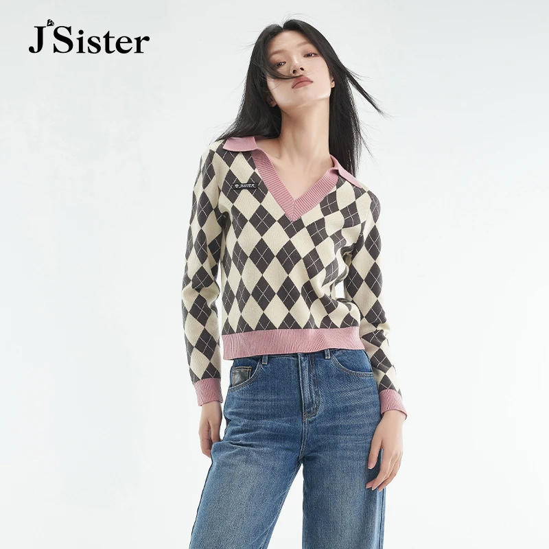 4764【大叔专享】jsister 秋季新品 JS女装菱形格V领针织衫毛衫女