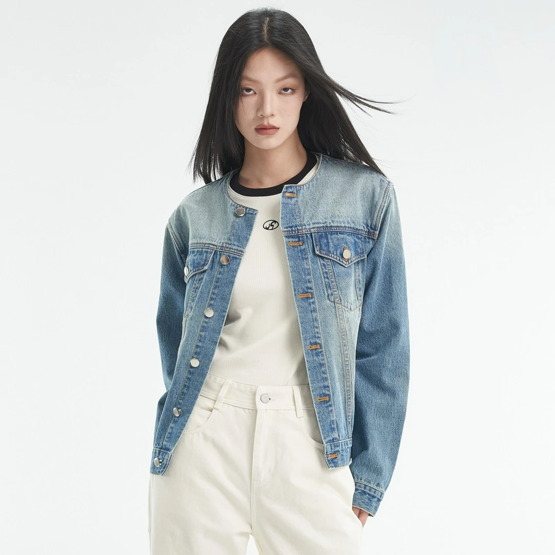 jsister秋季新品 JS经典无领浅蓝牛仔服外套上衣女复古穿搭
