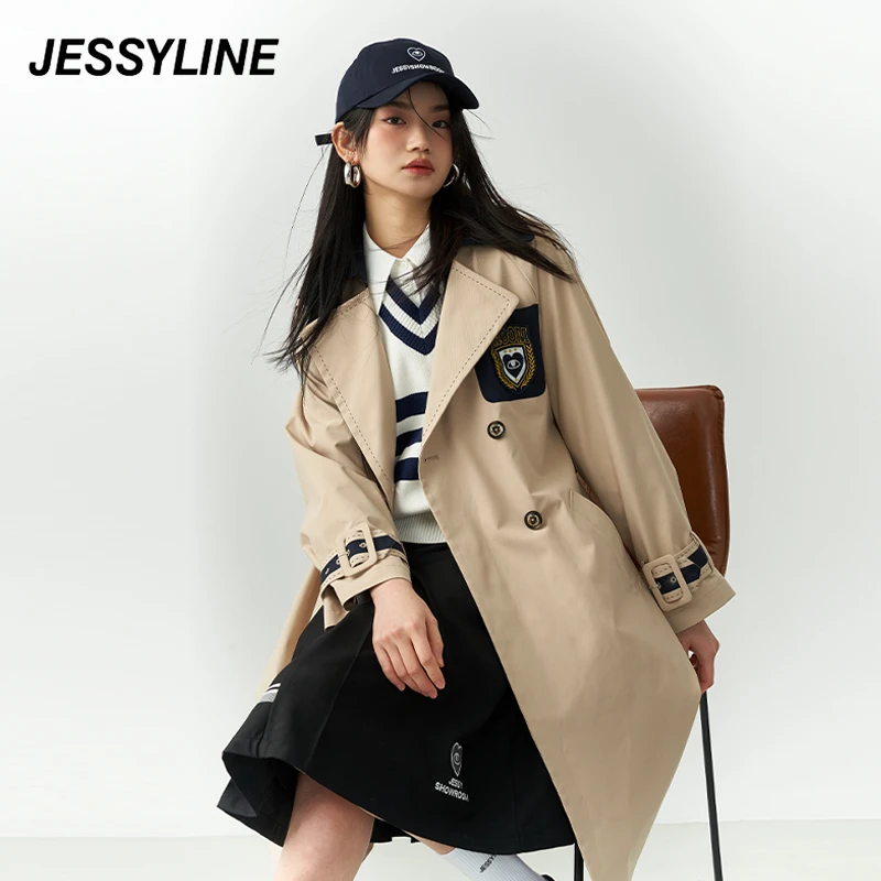 jessyline春季新款 杰茜莱时尚卡其色中长款风衣休闲外套