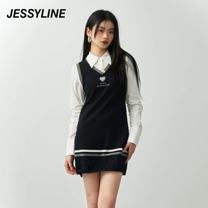 jessyline春季新款 杰茜莱时尚假两件学院风拼接长袖连衣裙