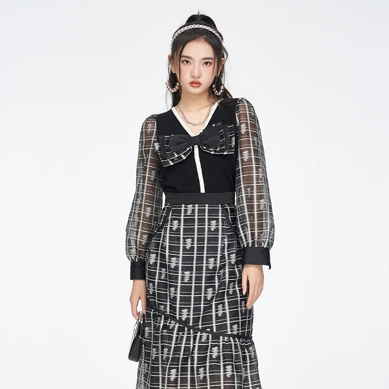 jessyline春季新款 杰茜莱时尚设计感蝴蝶结拼接针织衫