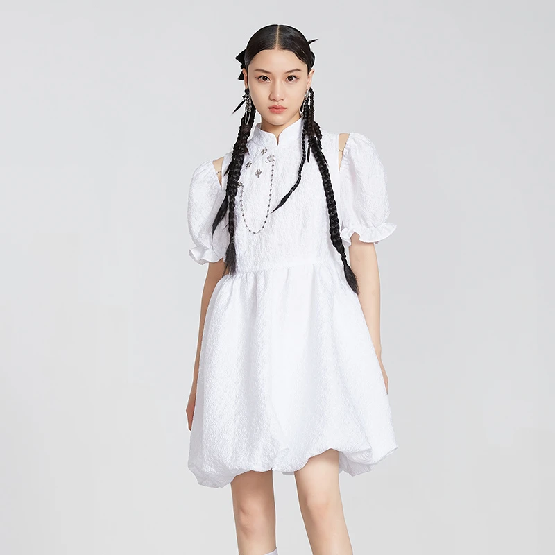 夏季新品 jessyline杰茜莱时尚纯色法式泡泡袖收腰连衣裙