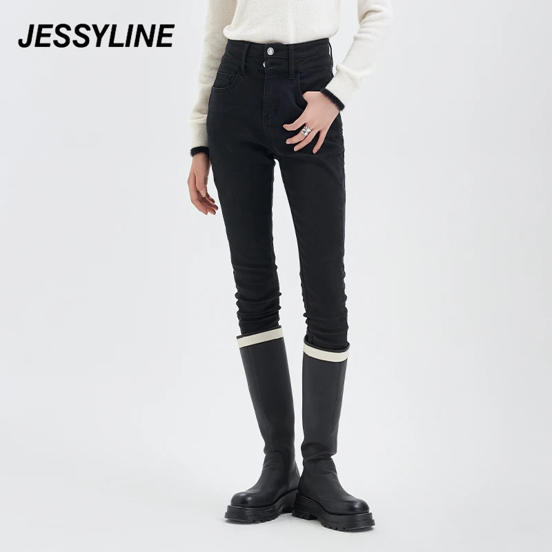 0200【大叔专享】jessyline冬季新款女装 杰茜莱黑色微喇牛仔裤女