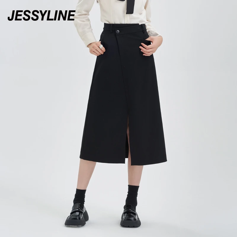jessyline冬季新款女装 杰茜莱黑色开叉a字半身裙 343212161
