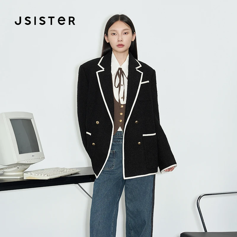 jsister秋季款外套 JS女装时尚黑白简约宽肩经典优雅西装