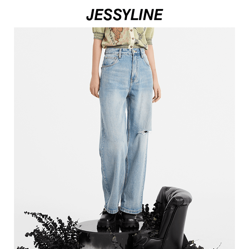 jessyline  夏季 杰茜莱浅色显瘦百搭破洞复古水牛仔裤