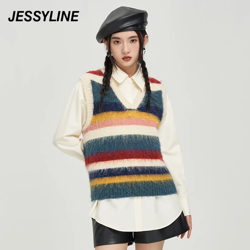 jessyline冬季新款女装 杰茜莱衬衫针织马夹套装女 341216305