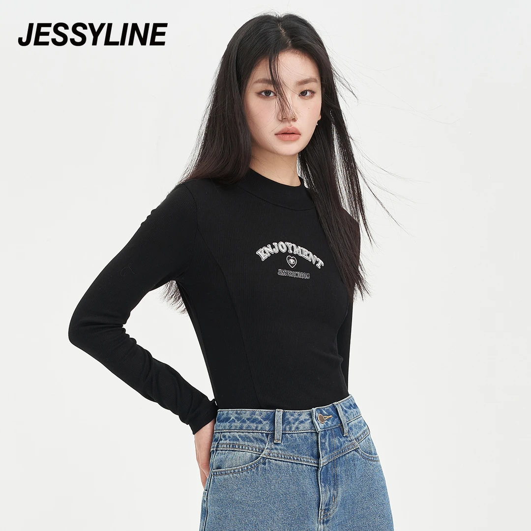 杰茜莱刺绣百搭修身显瘦短款T恤女2023秋新款长袖上衣 jessyline