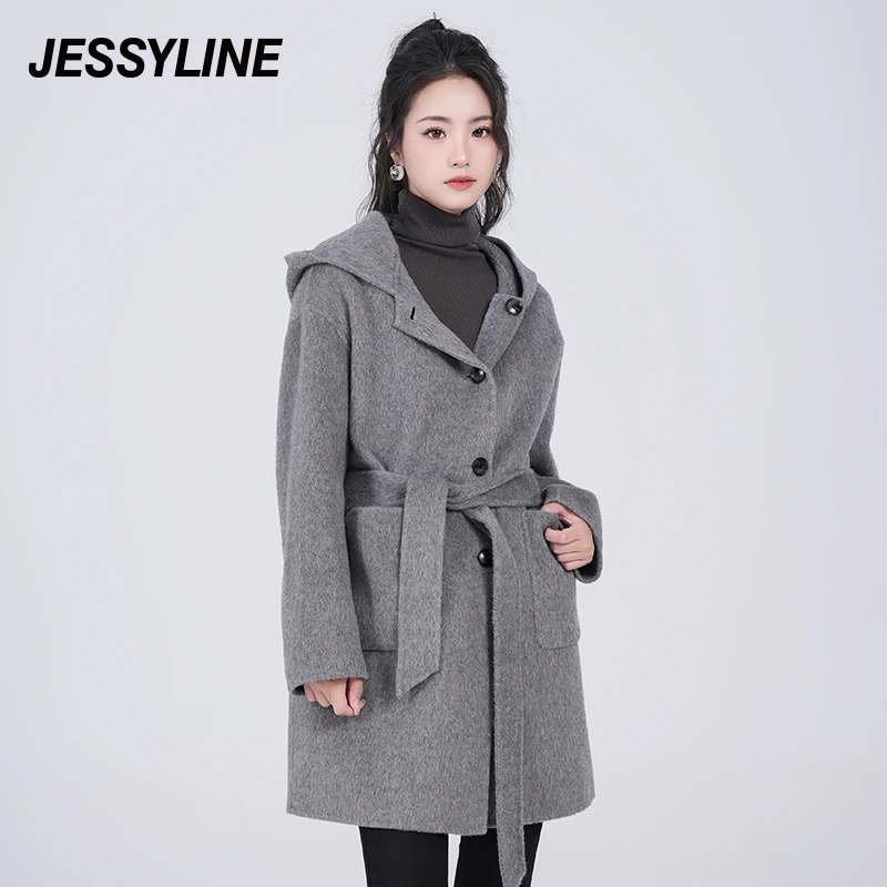 杰茜莱灰色羊毛双面呢大衣女秋冬中长新款连帽外套 jessyline