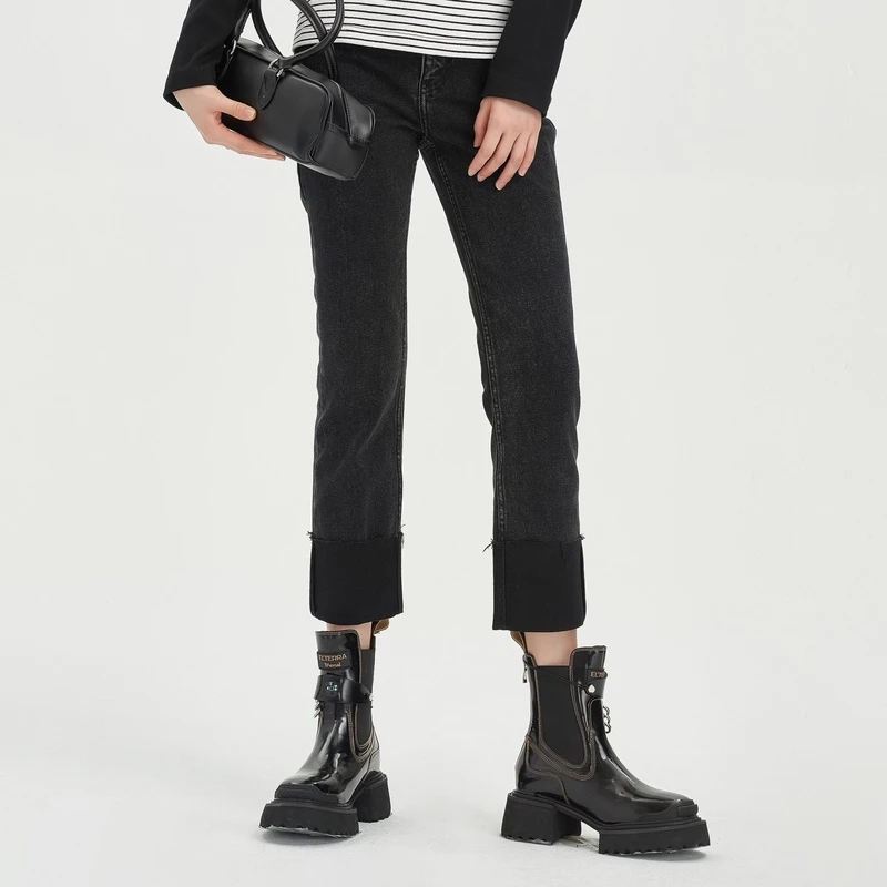 jsister秋季新品 JS经典黑色牛仔裤拼接设计简约修身休闲