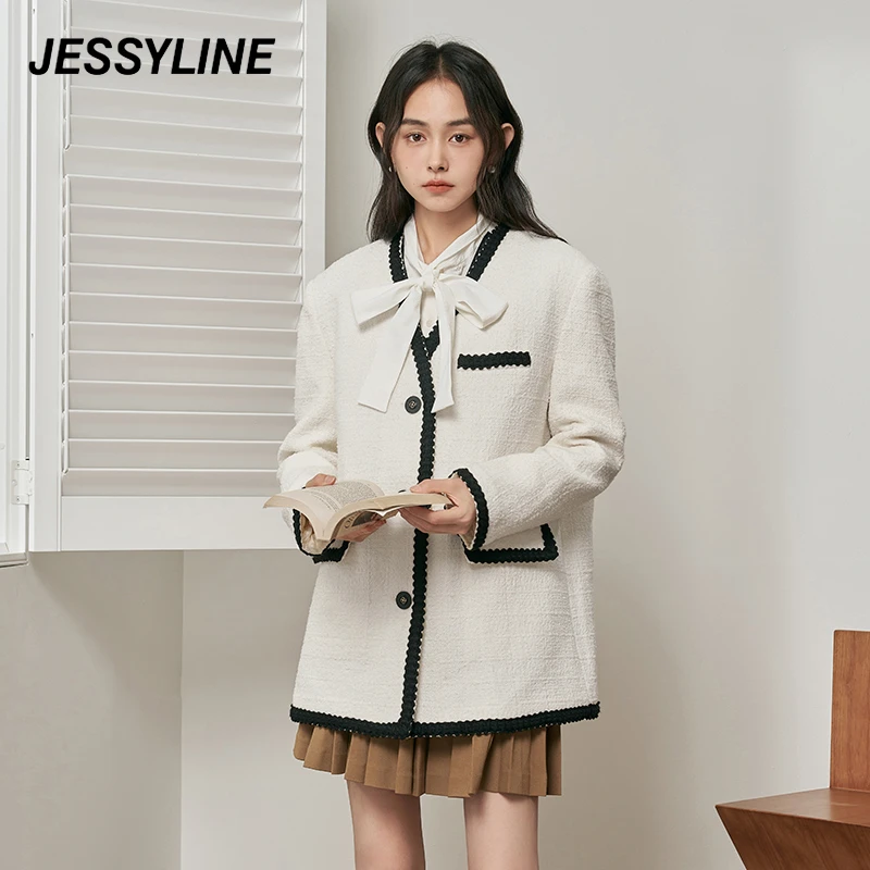 jessyline秋季款 杰茜莱时尚白色中长款小香风v领气质淑女外套
