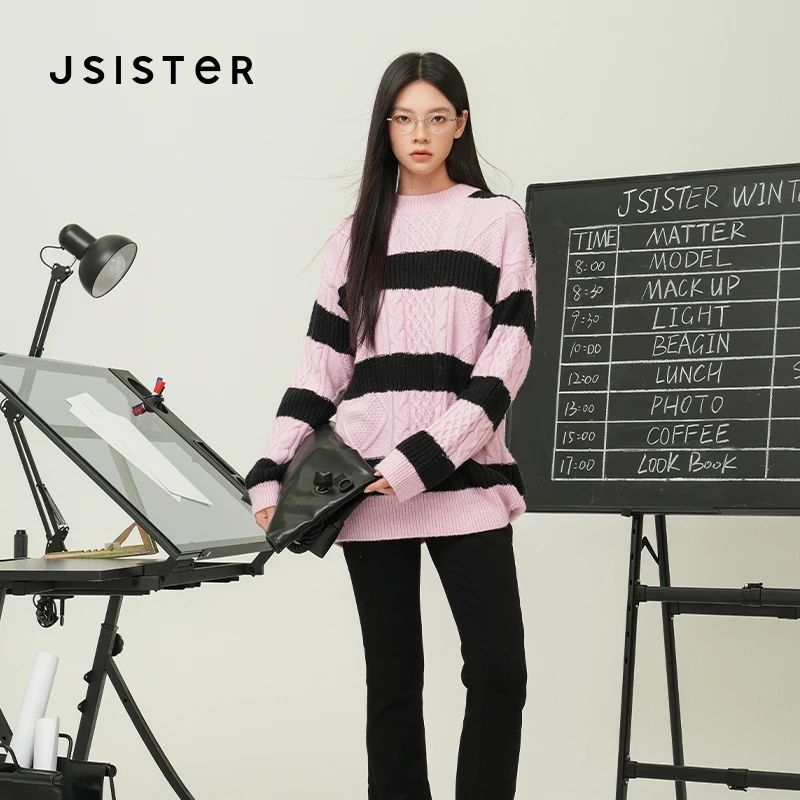 4108【大叔专享】jsister JS女装时尚粉黑条纹相交慵懒宽松针织衫