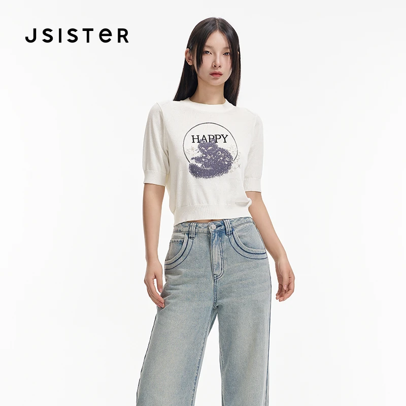 jsister夏季款 JS女装时尚印花短袖上衣百搭简约白色针织衫