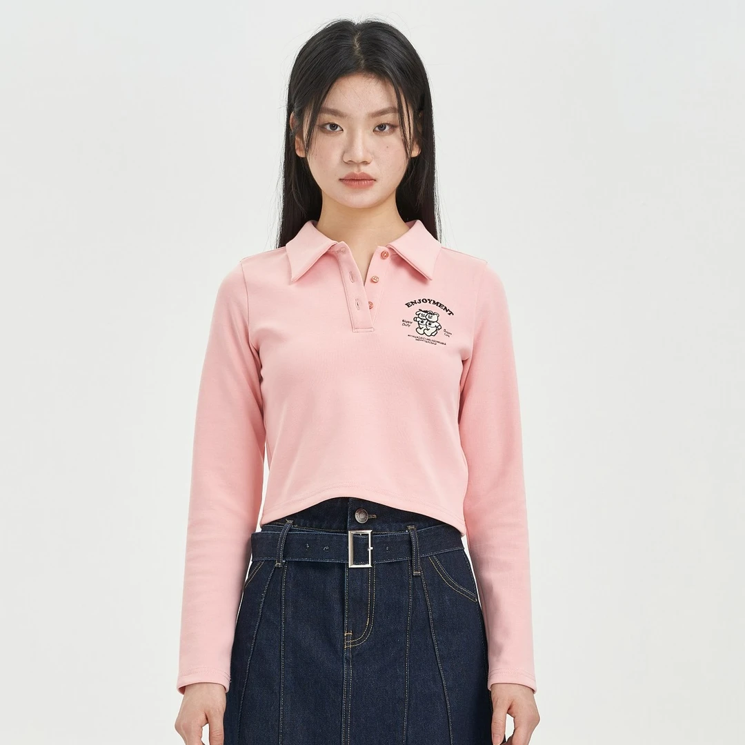 jessyline 2023秋季新款 杰茜莱浅粉简约POLO衫秋冬百搭长袖T恤女