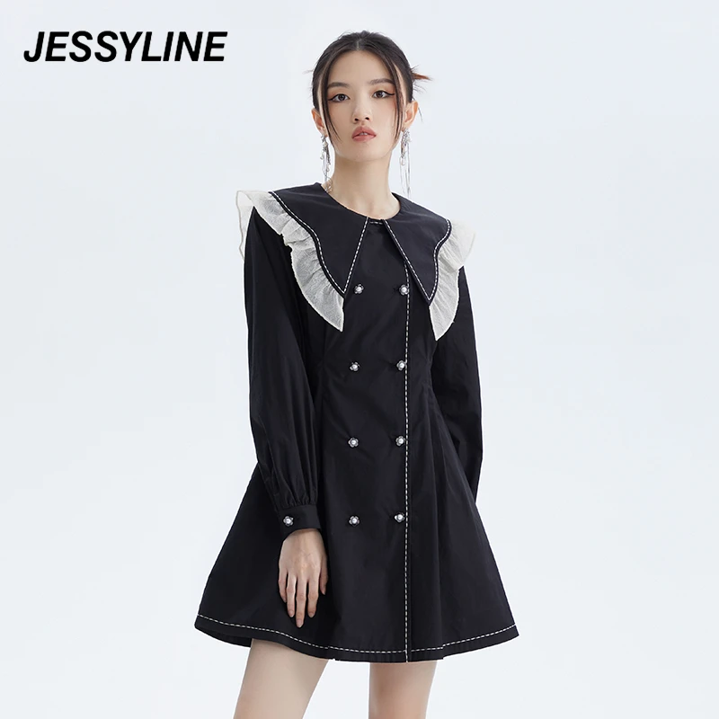 jessyline秋季新款 杰茜莱黑色荷叶边连衣裙女 231111015显瘦拼接
