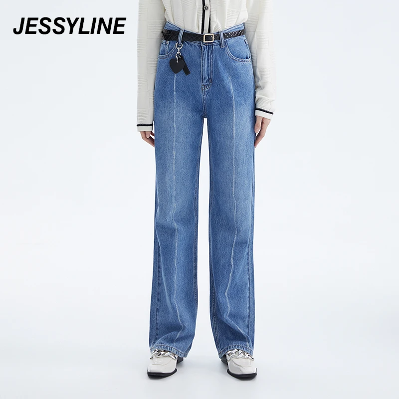 jessyline秋季 杰茜莱蓝色宽松阔腿牛仔裤 232110065百搭显瘦春夏