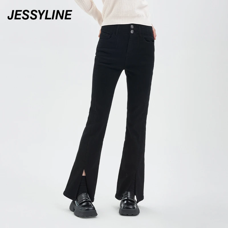 【品牌福利】jessyline秋季新款女装 杰茜莱黑色微喇开叉牛仔裤