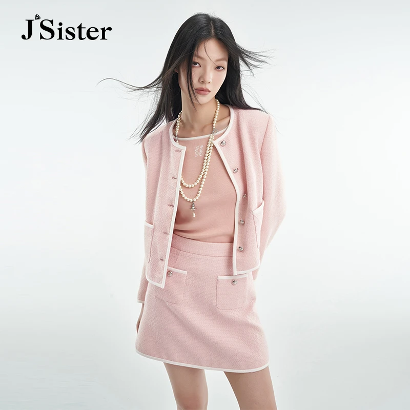 jsister秋季款 JS女装时尚设计感粉红拼色包边气质小香风外套