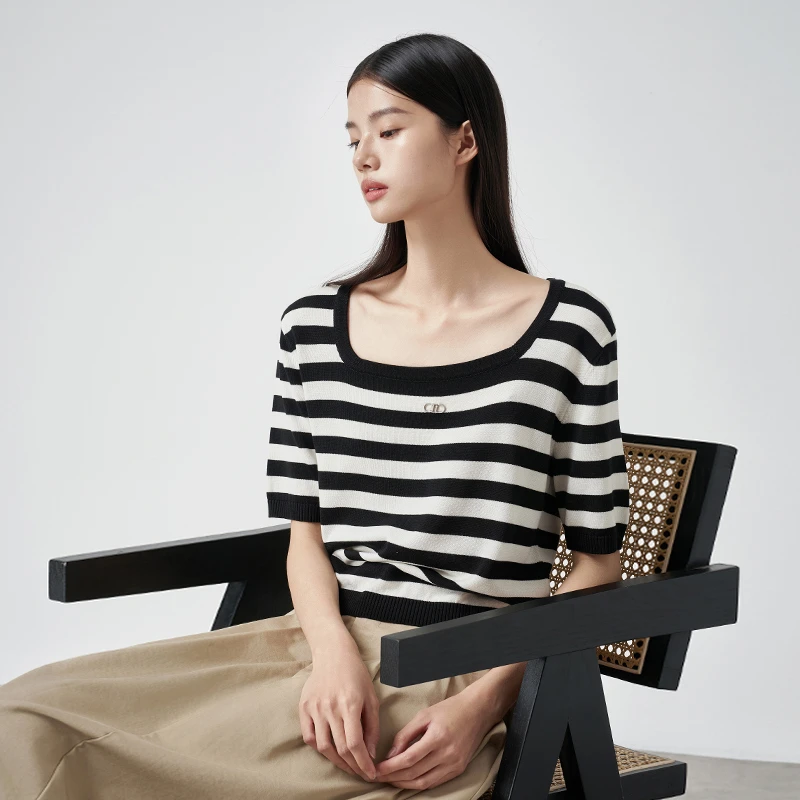 j03女装春夏季新款百搭条纹显瘦短款针织衫薄荷曼波