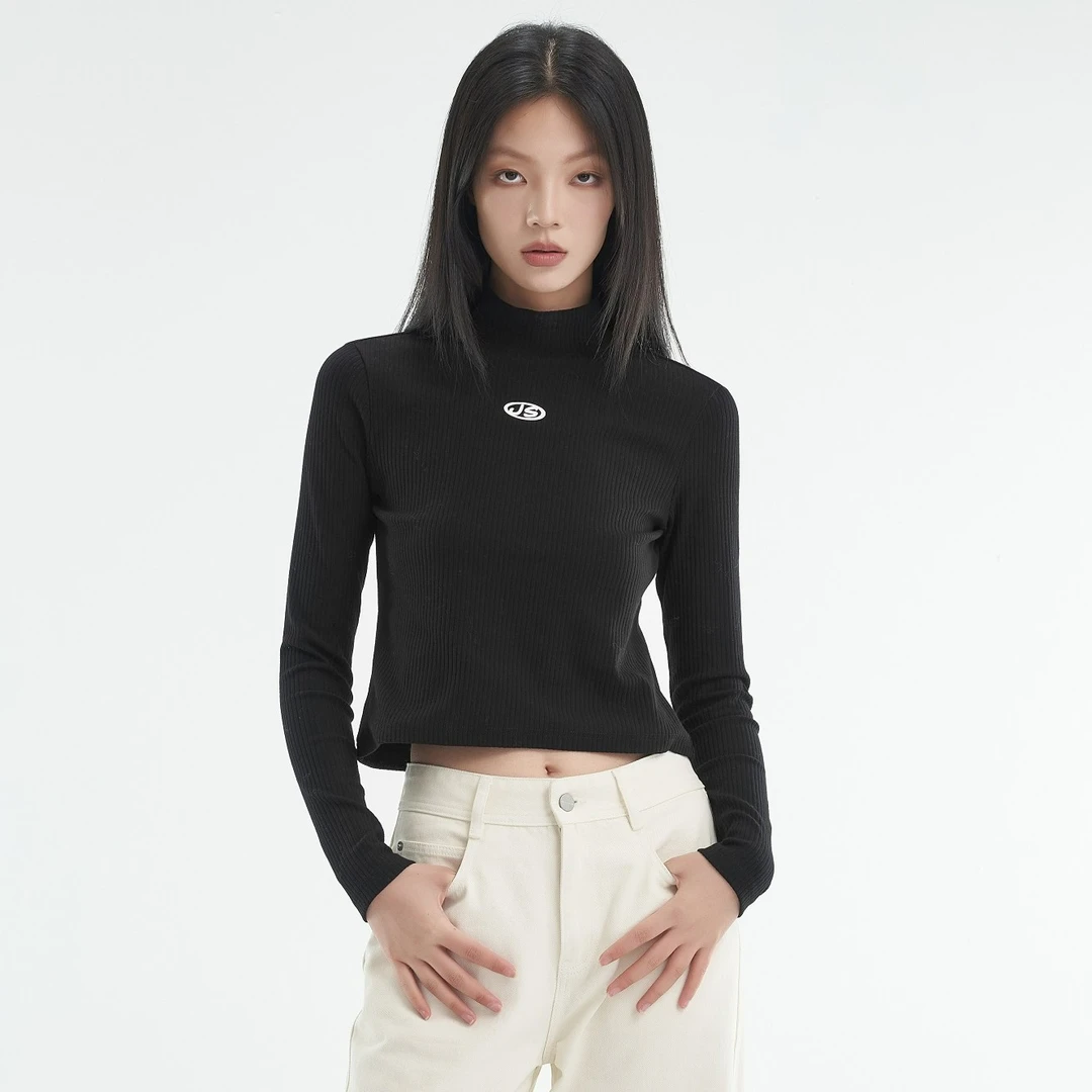 Jsister 2023秋季新款 JS简约半高领黑色打底衫T恤长袖女秋冬穿搭