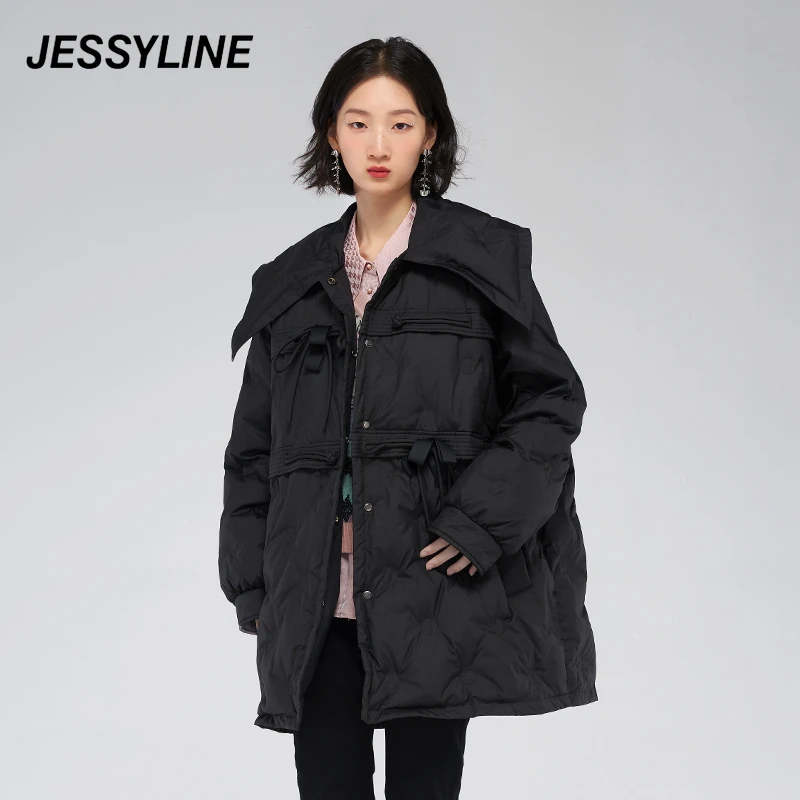 杰茜莱黑色中长款大翻领热力感羽绒服女冬季新品 jessyline女款