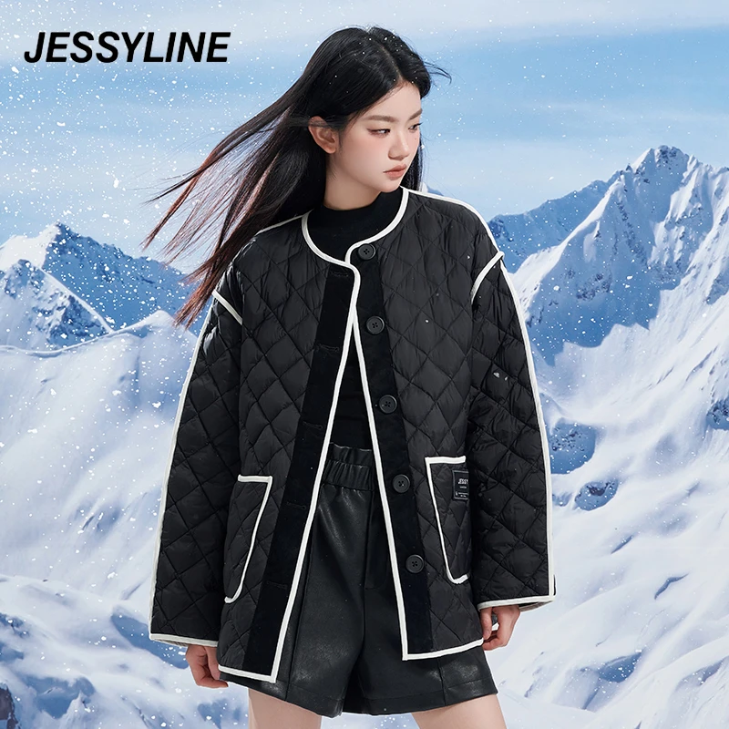 jessyline冬季新款羽绒服 杰茜莱气质百搭通勤黑色格纹外套