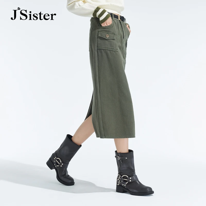 2045【大叔专享】jsister 秋装新款 JS女装时尚百搭流行军绿牛仔裙