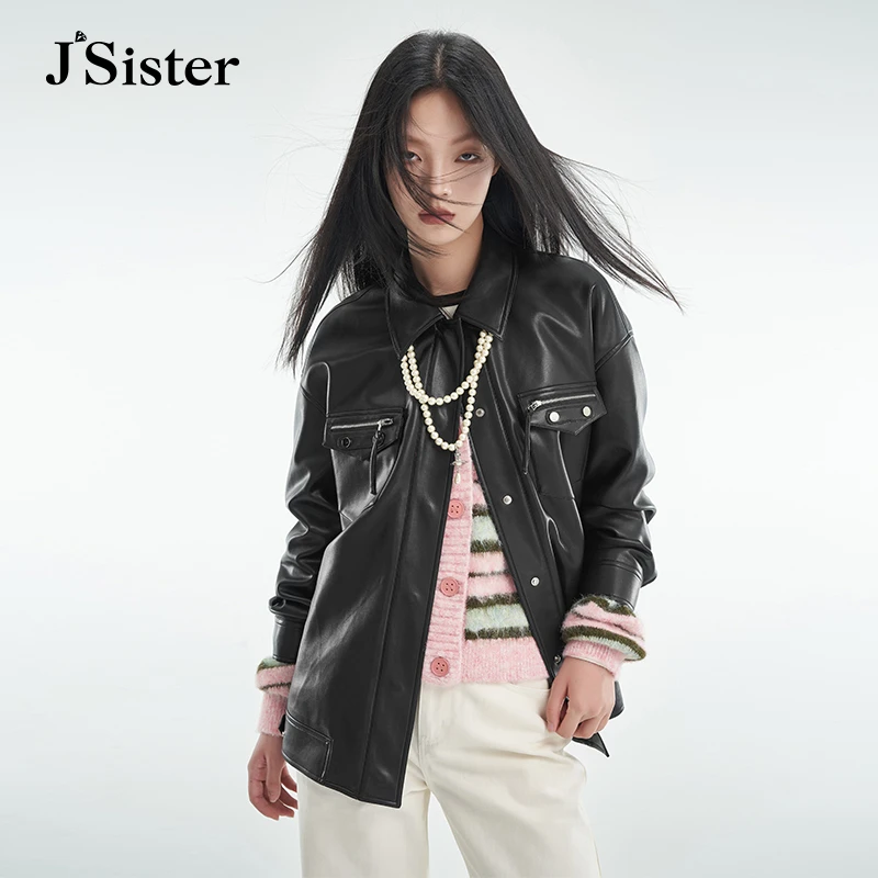 jsister秋季新品 JS女装时尚黑色百搭PU皮衣机车夹克 外套