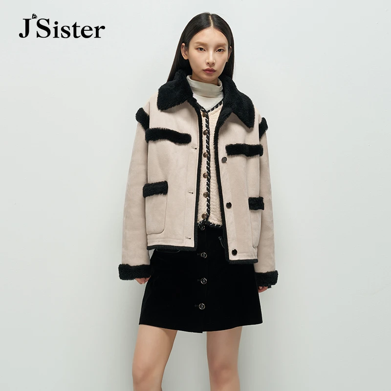 【反季】jsister冬季新款 JS女装时尚拼接设计感翻领毛呢外套