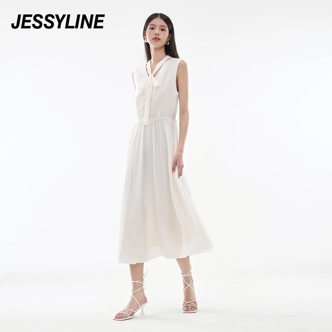 Jessyline 2024夏季新款杰茜莱白色连衣裙优雅法式高腰裙子