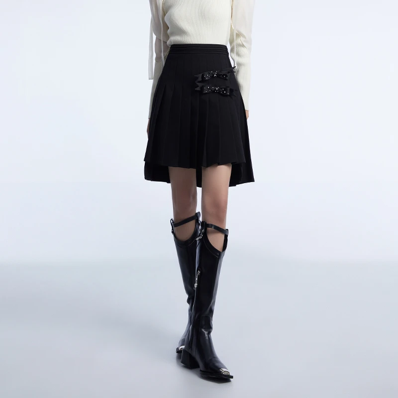 冬季新款 jessyline 杰茜莱黑色百褶a字半身短裙女百搭 显瘦时尚