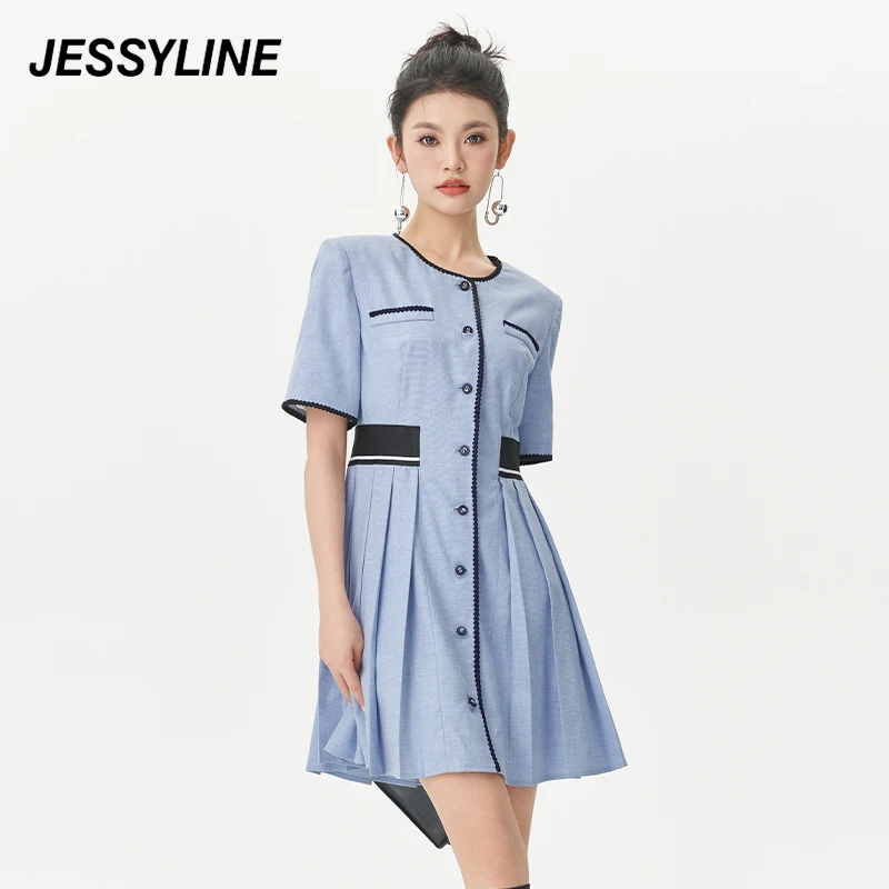jessyline夏季新款 杰茜莱时尚设计感蓝色修身衬衫连衣裙欧若风