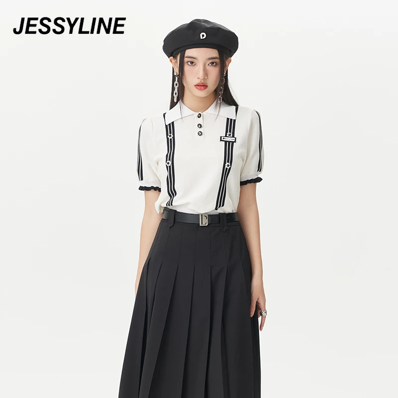 jessyline夏季新款 杰茜莱白色拼接短袖针织衫气质 322104260